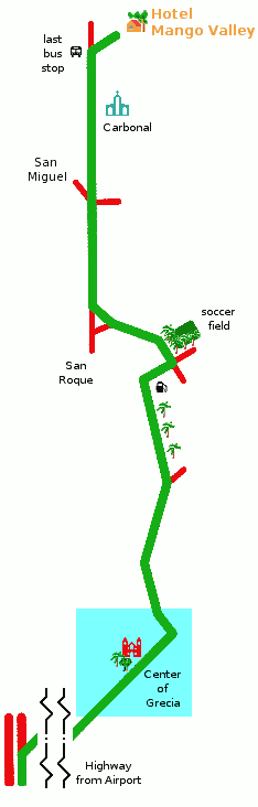map of route from the San Jose airport to hotel Mango Valley